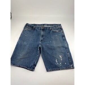 Dickies Mens Relaxed Fit Work Denim Shorts Blue Paint Splatter W38 W416HJ7